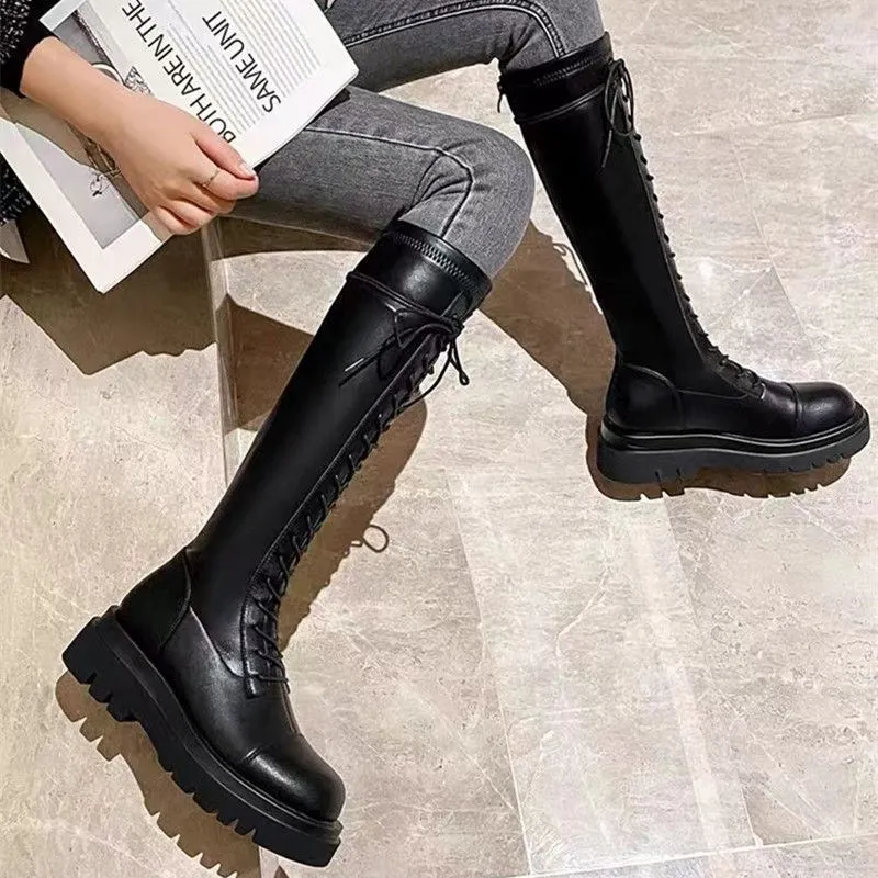 

High-Tube Women's Boots Autumn Winter Bla Versatile Knee-High Briti Sle Cross-Border Faionable Warm Leather Boots