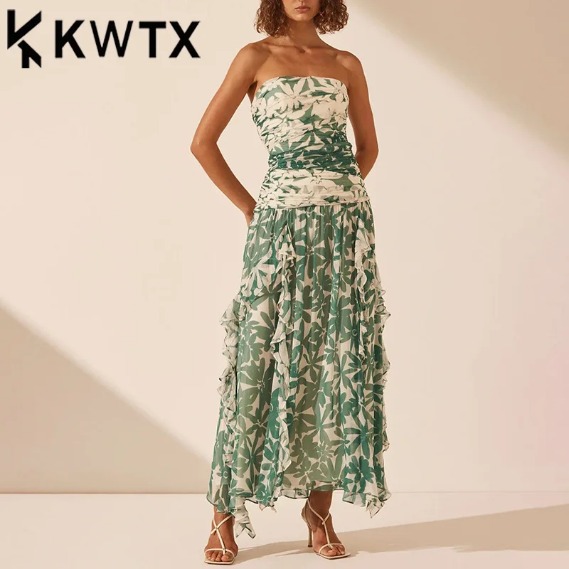 KWTX حفلة عيد الميلاد أنيقة بدون حمالات شيفون كشكش فستان طويل ثوب مسائي سليم صالح مصمم طباعة 2026 الربيع الصيف الفاخرة