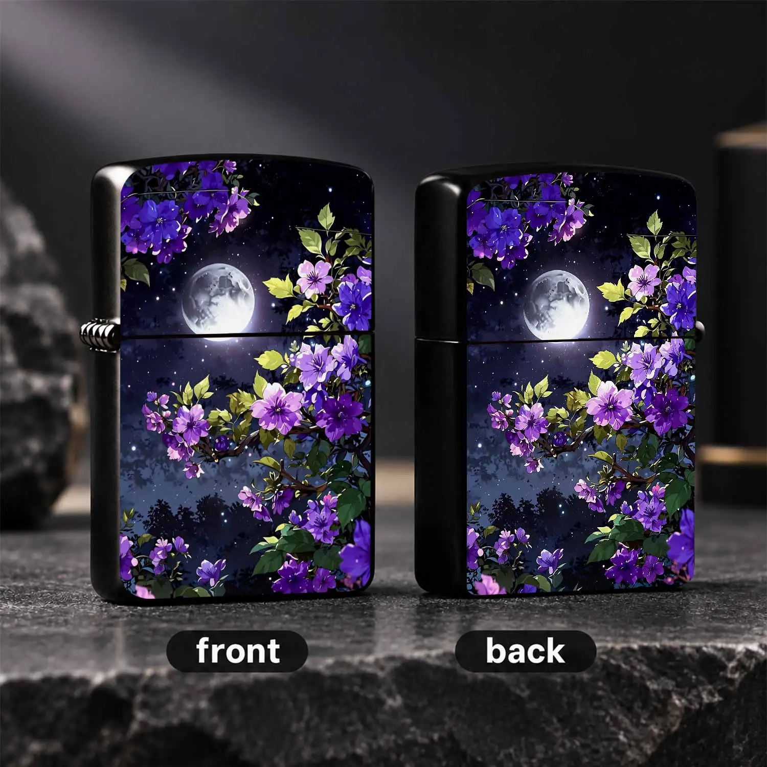 Romantic Moonlit Night Floral Portable Lighter, Exquisite Purple Flower Full Moon Starry Sky Themed Decor Accessory, Practical Daily Carry Item, Ideal Gift For Friends Family, Suitable For Indoor Outdoor Scenes, Aesthet A Humorous And Inter