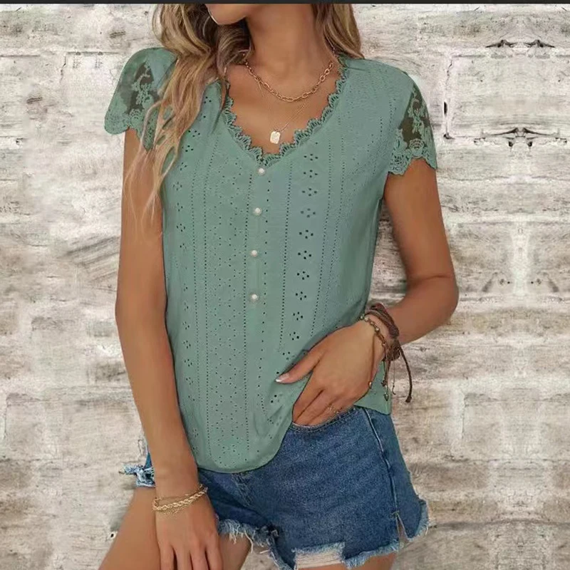 Frauen Sommer Mode V-Ausschnitt Spitze Hemd Frauen Kurzarm T-Shirts lose T-Shirts lässig weiß grün Hemd für Frauen 2024