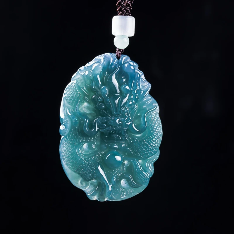 

Natural Jade Blue Water Carving Auspicious Divine Dragon Ice Jadeite Necklace Pendant Men and Women Couple Amulet Holiday Gift