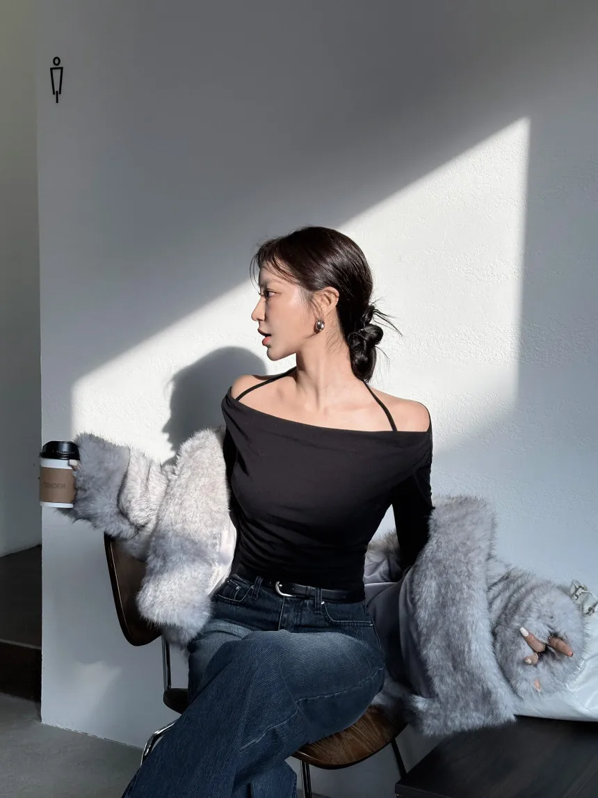 Pure Desire Atmosphere Hanging Neck Long Sleeve Women's T-shirt Sexy Micro Translucent City Walk Top Polyester Fabric