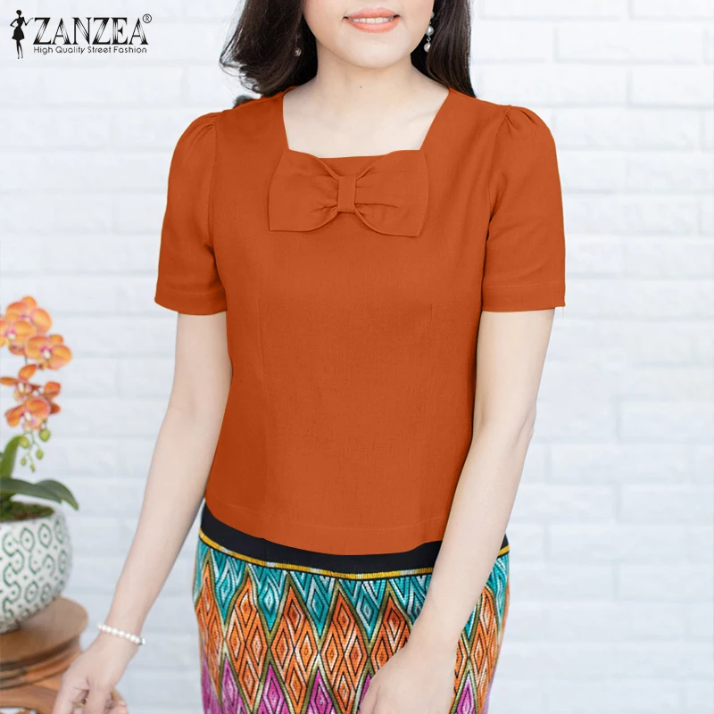 

Летние женские топы ZANZEA, элегантная рабочая блузка с квадратным вырезом и короткими рукавами, однотонная хлопковая блузка, стильная праздничная рубашка с бантом, оверсайз