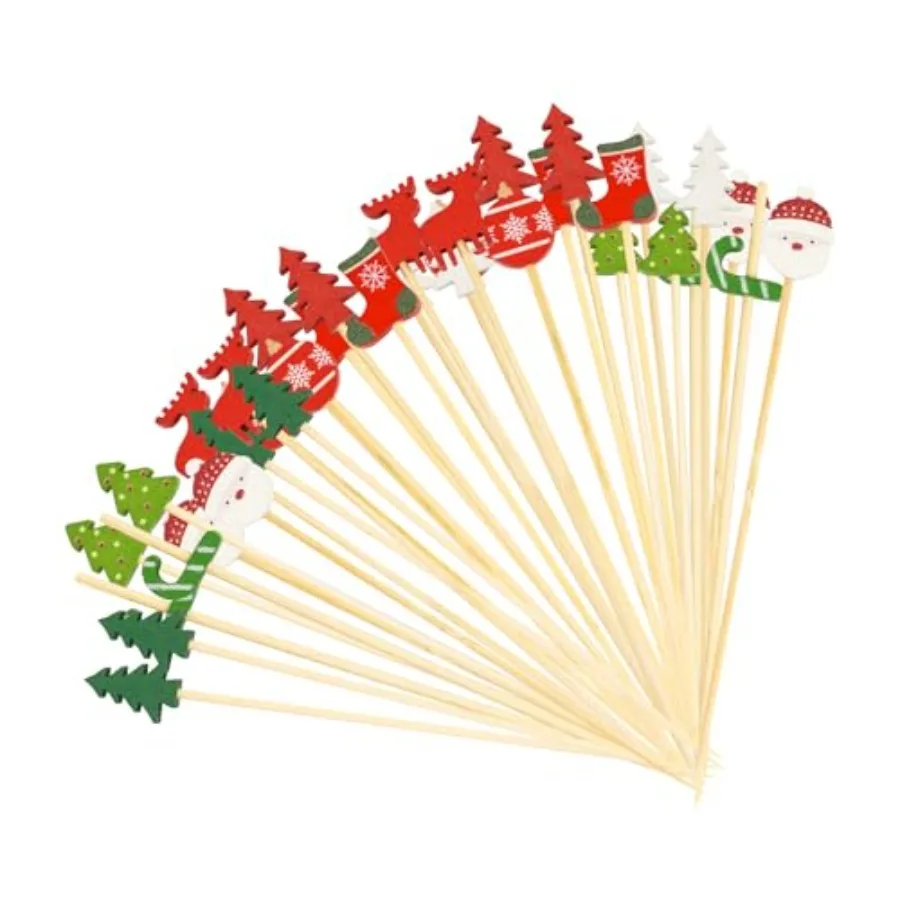 100 Uds. Palillos de cóctel de Navidad 4,7 pulgadas Santa Claus copo de nieve palitos de bambú palillos para revolver aperitivos palillos de dientes decorativos para fruta Drin
