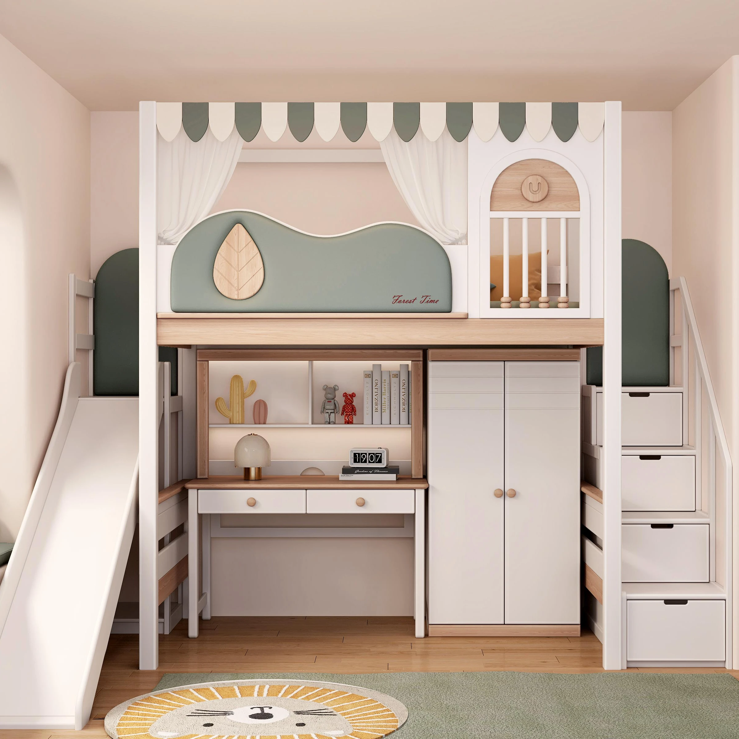 

Solid Wood Bunk Beds for Kids High and Low Bookshelf Storage Set for Bedroom or School Children's Bed Room Furniture