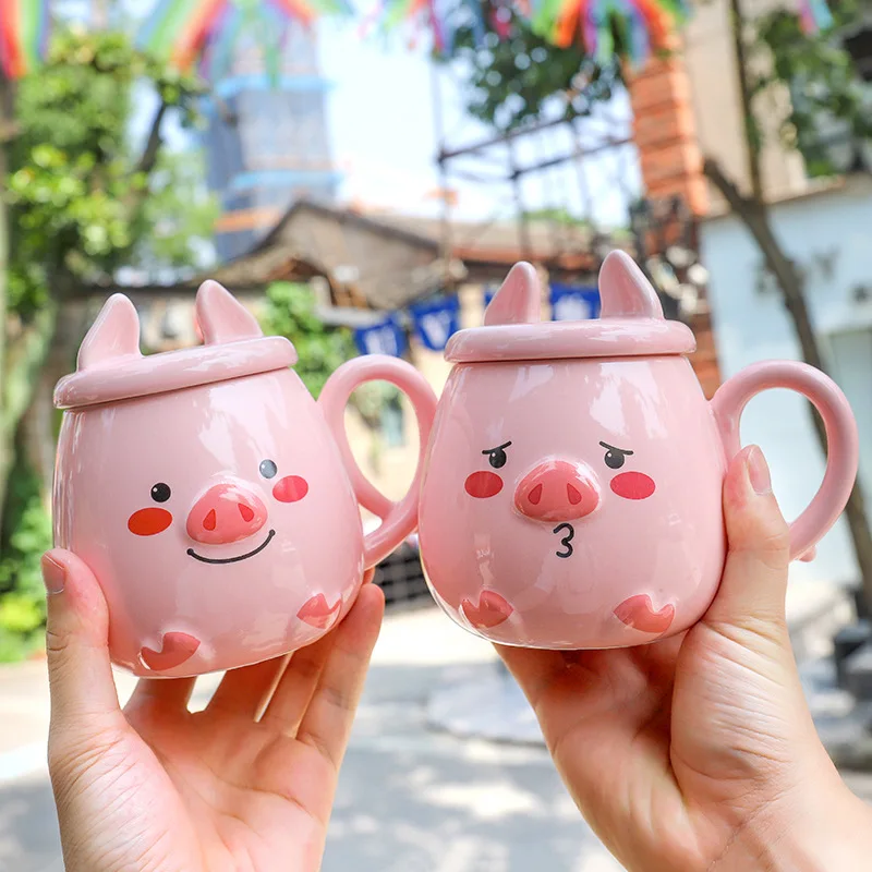 Japanese Pink Pig Ceramic Cup with Spoon Cartoon Cute Office Tea Coffee Mugs Creative Gift Mugs for Girls Water Bottle