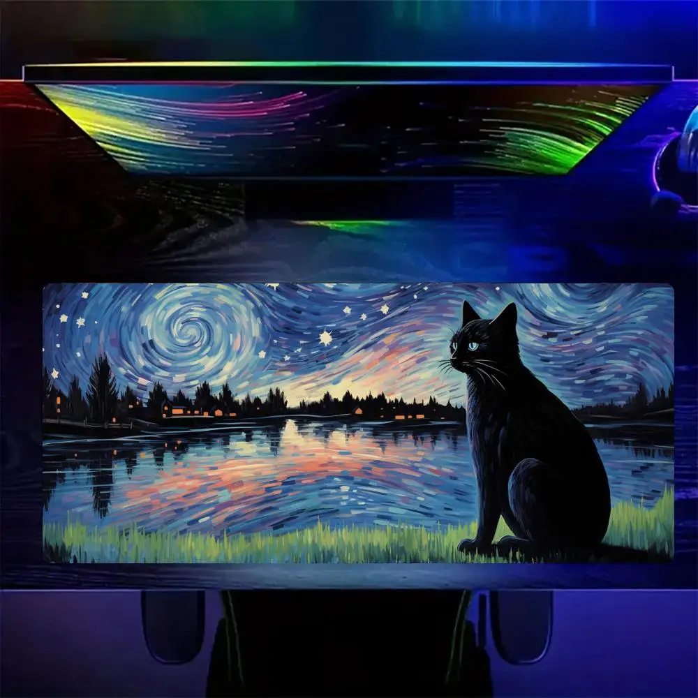 Artistic Starry Night and Black Cat Mouse Pad Gaming mats Non-Slip Desk Mat mouse carpet Stitched Edge HD printing Office mat