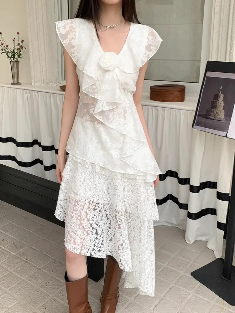 

Summer French Vacation Style Suit Women 2024 New White 3D Rose Ruffled Slim Top+High Waist Irregular Lace Skirt 2-Piece Set Tide