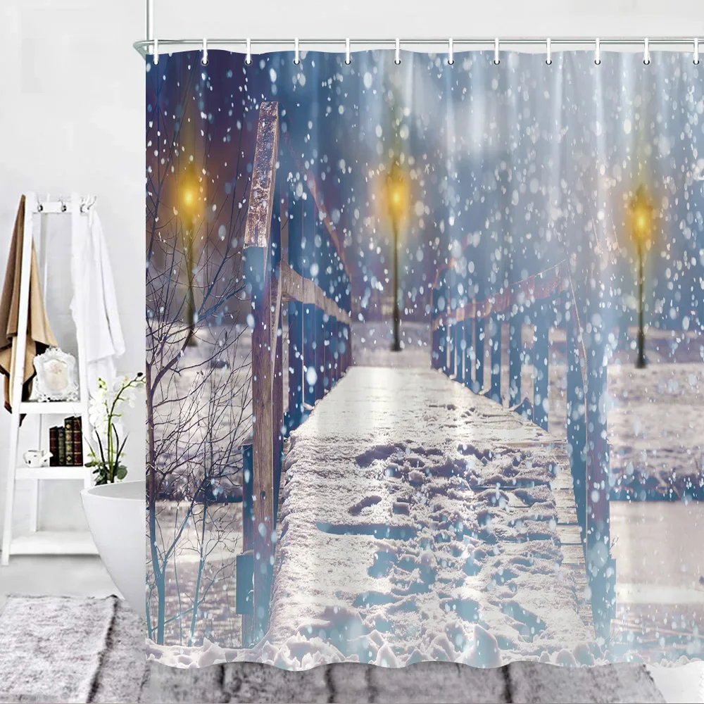 Christmas Shower Curtain Set A snowy Night Bridge Street Light City Scenery Decor Fabric Bath Curtain Bathroom Accessories Sets