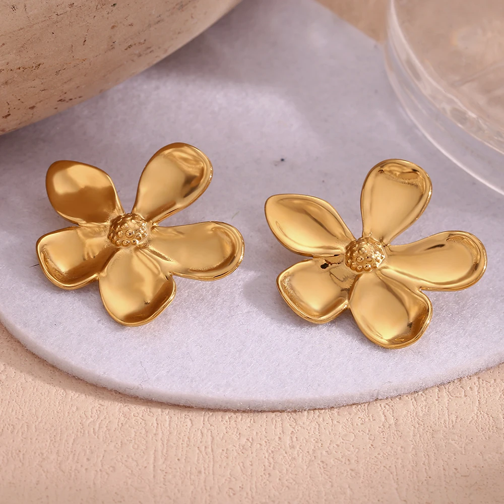 Smooth Petal Flower Stud Earrings Tarnish Free 316L Stainless Steel Women's Earrings 18K Gold Plated Accessories