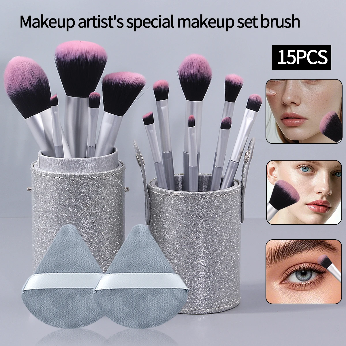 Ensemble de pinceaux à blush polyvalents, pinceaux anti-cernes et pinceaux de maquillage, bouffantes de poudre triangulaires + seau de rangement de grande capacité, 15 pièces