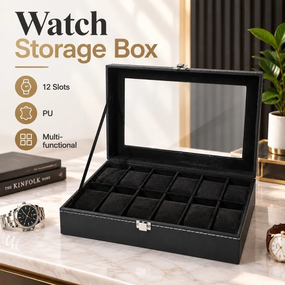 PU Watch Storage Box With Glass Lid 12 Slots Watch Display Case Multi-functional Classical Watch Box Organizer Watch Lovers