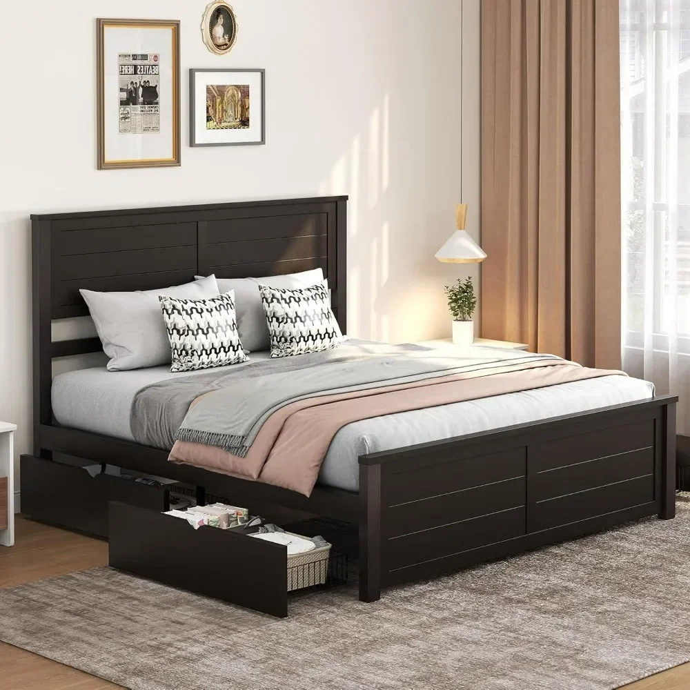 Queen Bed Frame with Headboard and 4 Storage Drawers, Wood Bed Frame for Bedroom, Wood Slats Support, Bed Frame