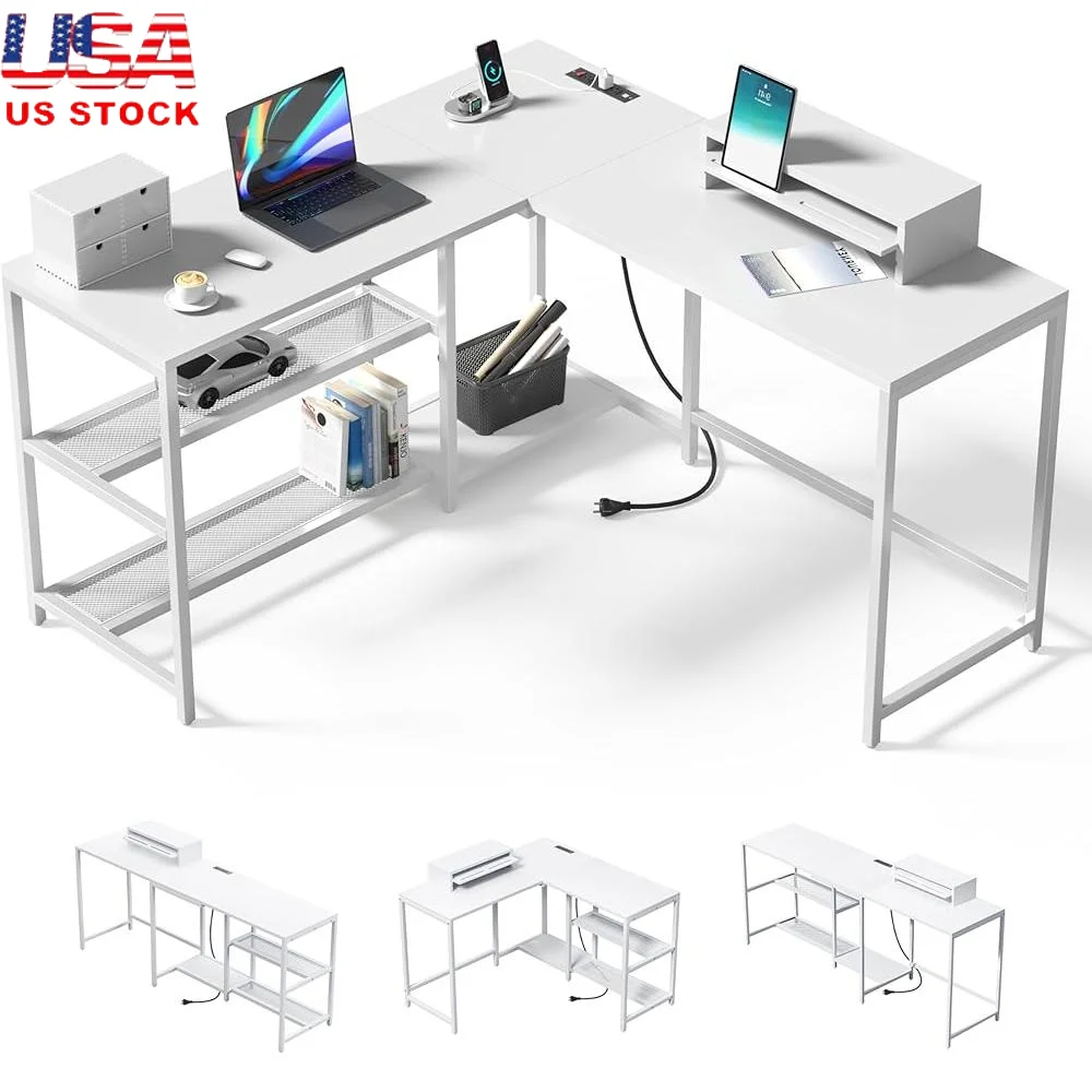 

L-образный стол с подставкой для монитора, USB-розетки из массива дерева, домашний офис, игровой учебный стол, эргономичные двусторонние полки для хранения