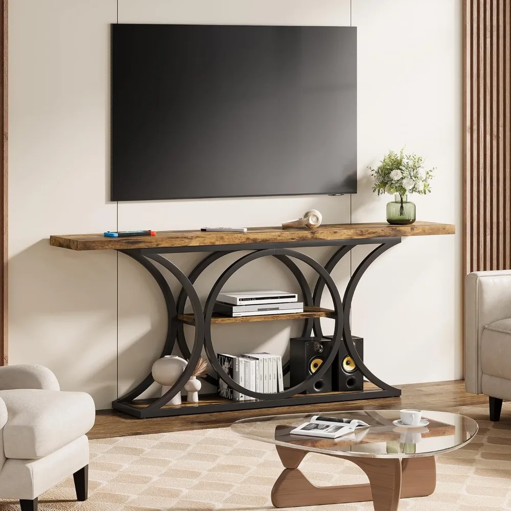 Rustic Industrial Style Extra Long 63 Inch Sofa Table with 3-Tier Storage and Black Metal Frame Console Behind Couch Furniture