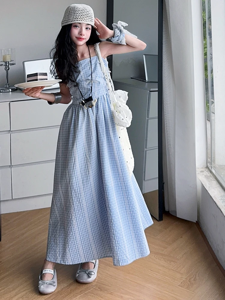 Vestido Xadrez de Verão para Meninas, Modelo Fino, Roupa Infantil, Vestido de Alça para Meninas, Estilo Casual, Vestido Longo...