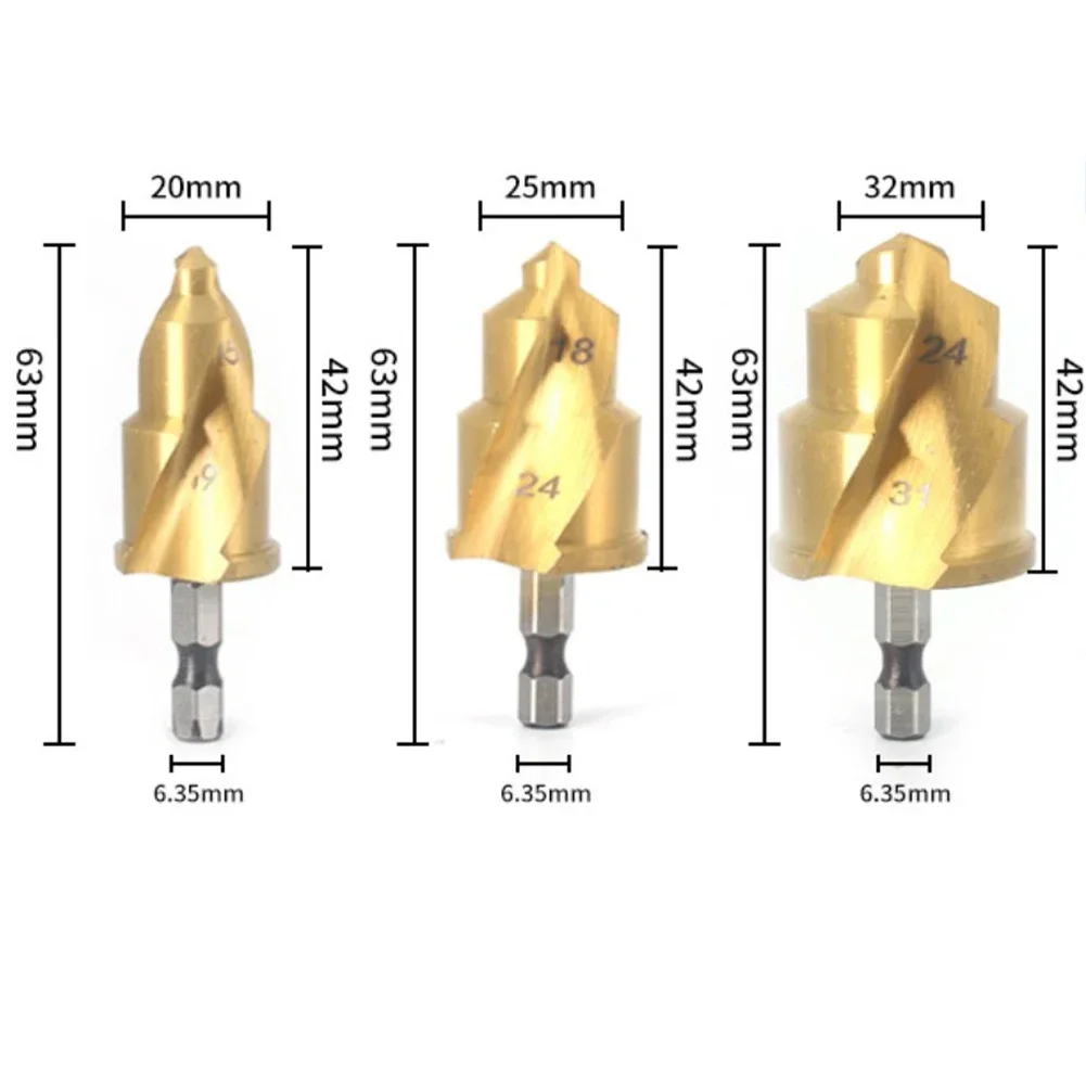 Pprリフティングステップドリルビット、六角形シャンク、水道管接続ツール、フルオープンプロセス、スパイラル、20mm、25mm、32mm、6.35mm
