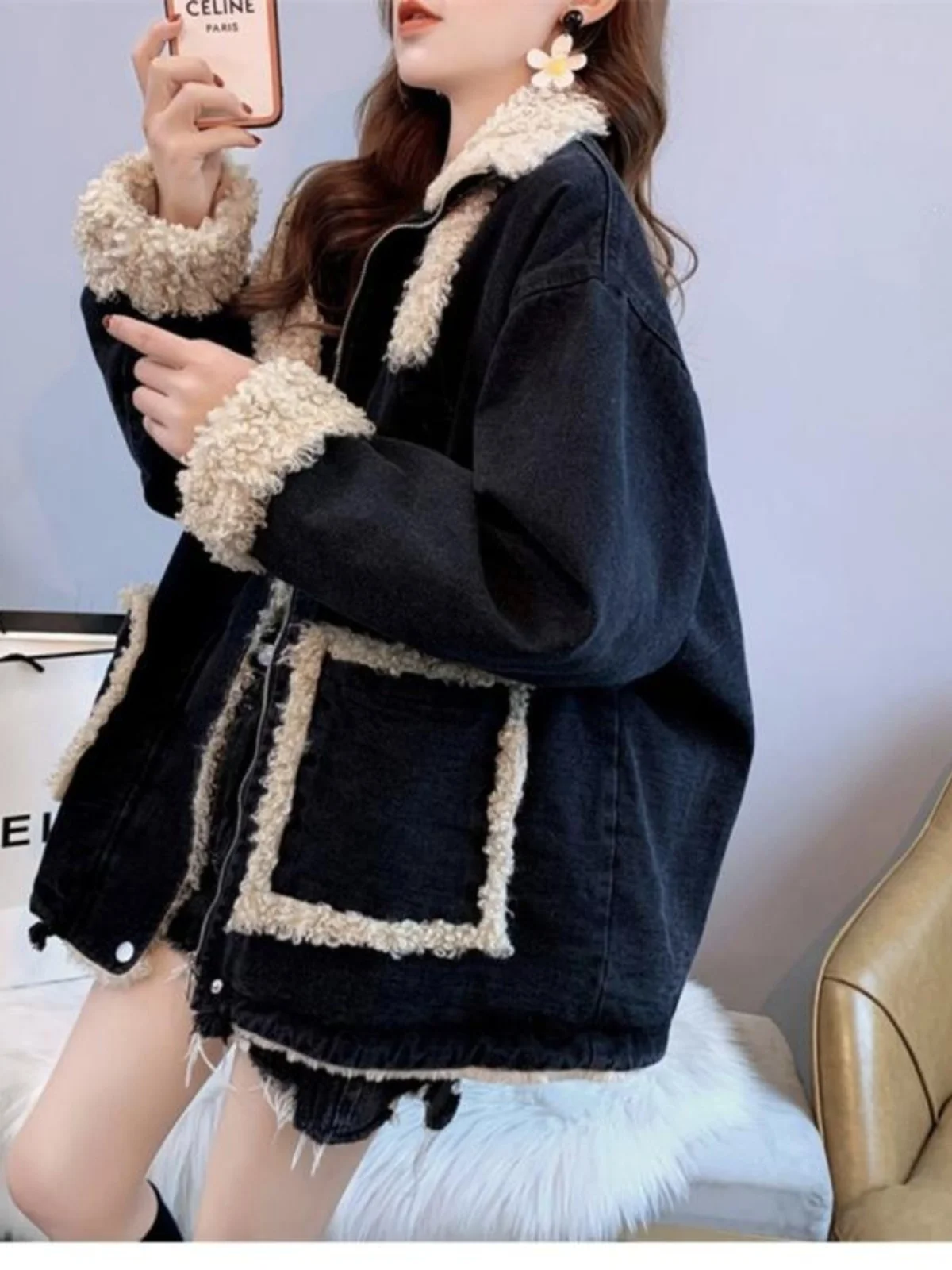 

Denim Coat Long Patch Fur Plush Womens Spring Sashes Pleated Knitted Flare Minimalism Breathable Amekaji Subcultural Hiking Chic