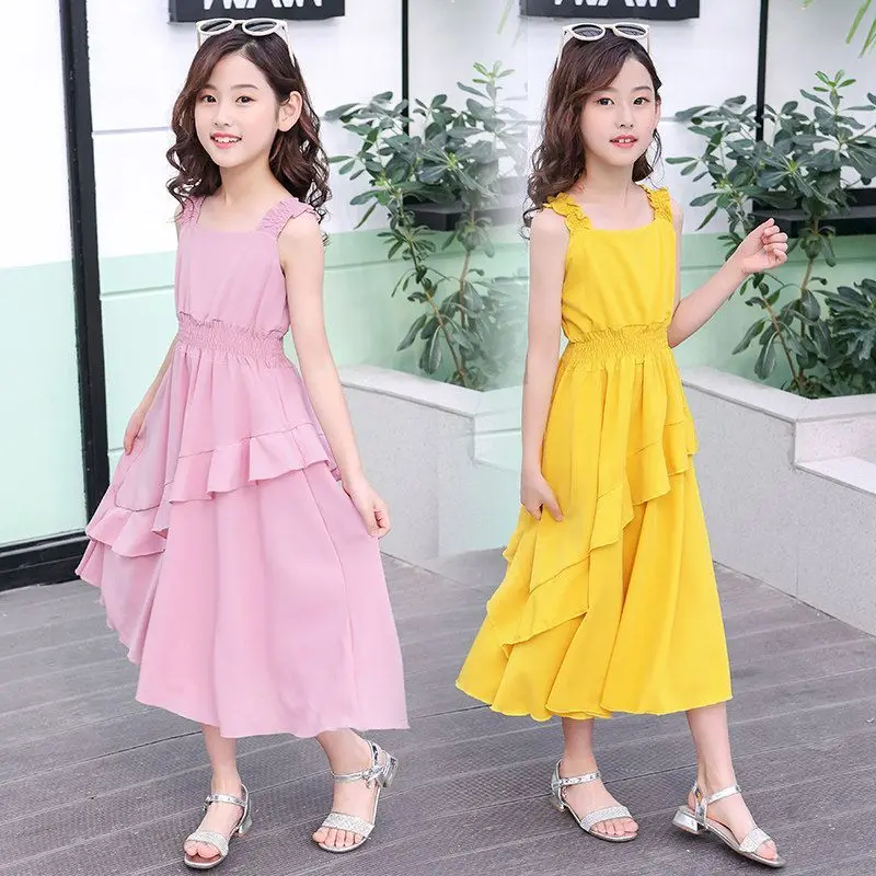 Teenager-Mädchen Sommerkleider 2026 Neu Kinder Lässiges Einfarbiges Ärmelloses Trägerkleid mit Taillengürtel Kinder Urlaubsstil Prinzessinnenkleid – Detail 1