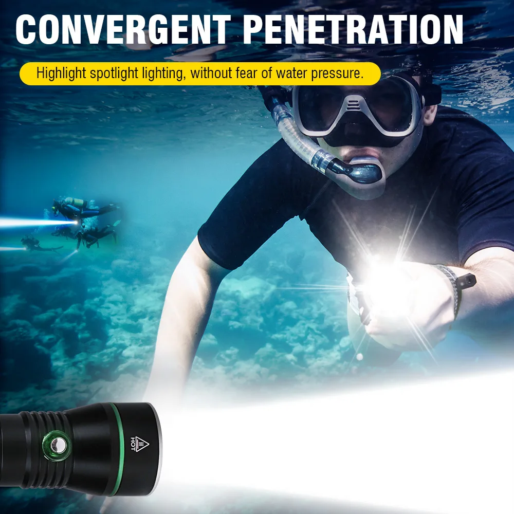 BORUiT Ultra Bright Diving Flashlight 2000LM 26650 Scuba Diving Light With Hand Rope IPX8 Waterproof  Professional Submersible