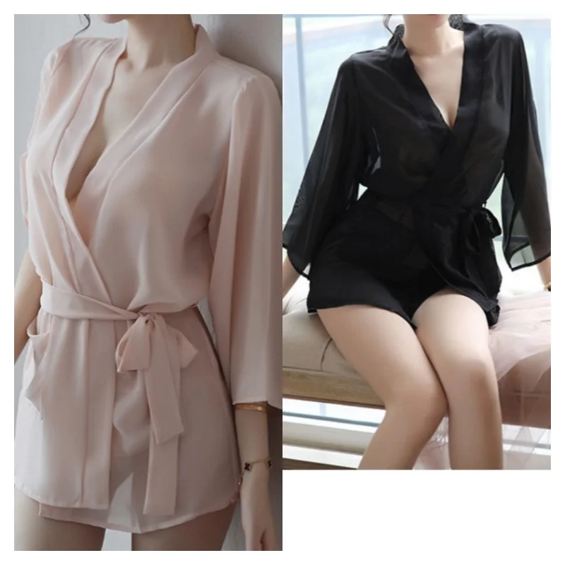 Women Summer One Piece Slip Dress With Long Sleeve V-Neck Chiffon Nightdress Free Size Thin Soft Girls Loose Sexy Solid Dress
