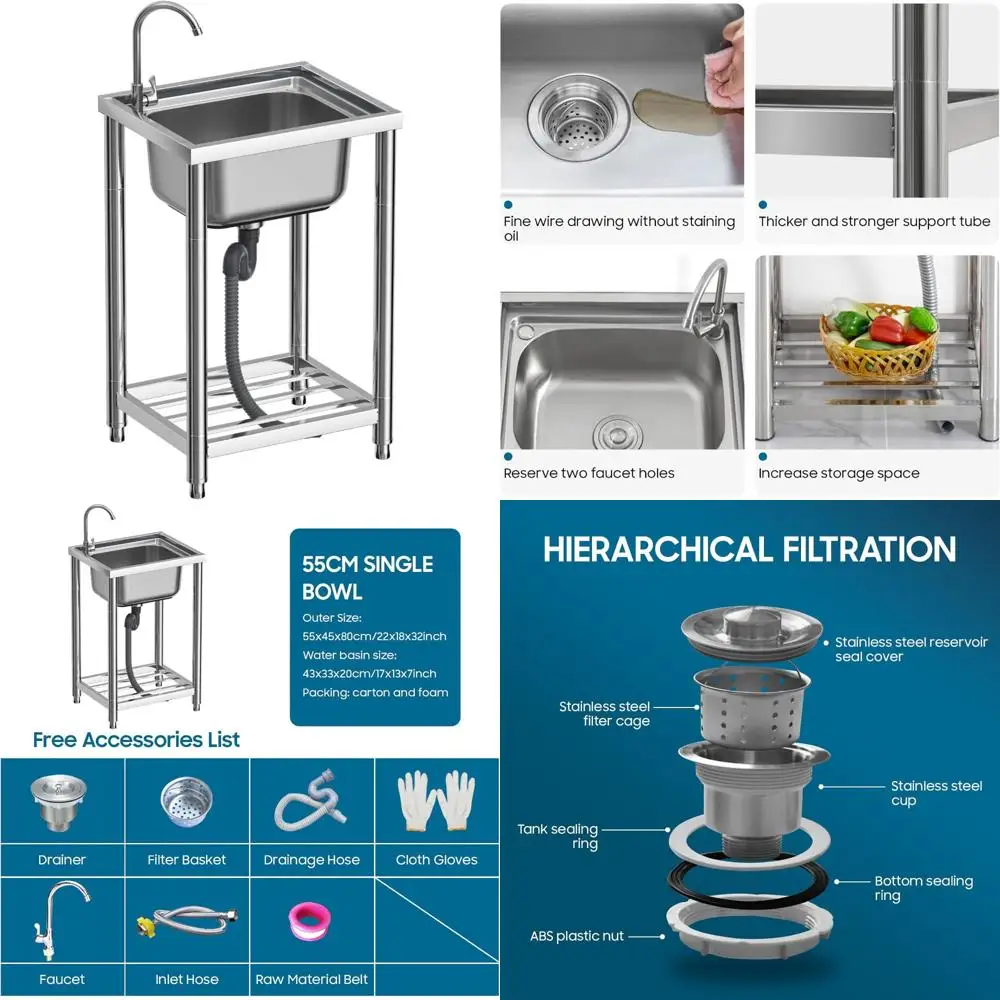 스테인리스 스틸 싱글 볼 주방 싱크대 세트(수전 포함), 실내외 겸용 독립형 유틸리티 핸드 싱크