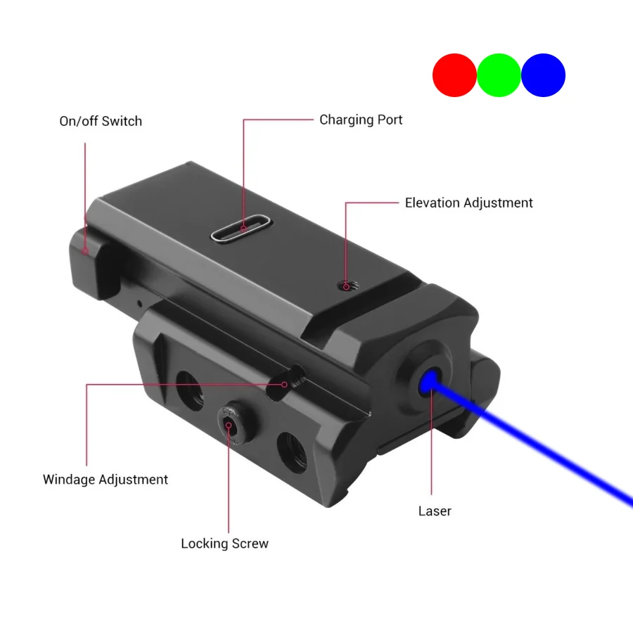 Czerwony/niebieski/zielona kropka celownik laserowy nadający się do szyna tkacka Picatinny do pistoletu, ładowanie rodzaj USB C, wstrząsoodporny