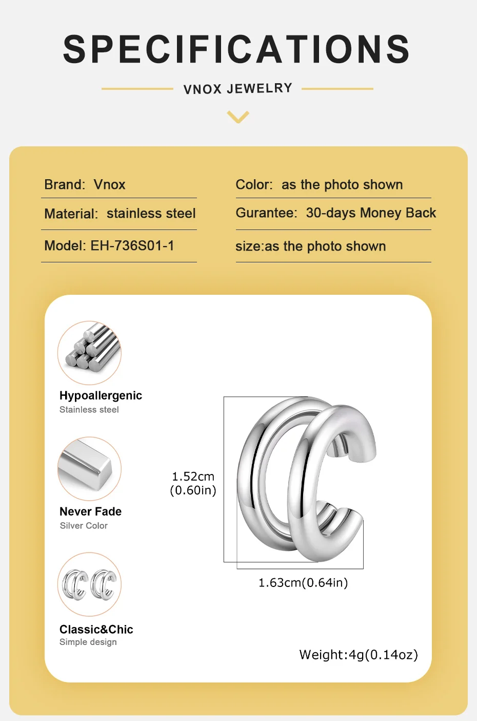 Vnox Minimalistische 1-teilige Doppelschichtige Runde Kreisförmige C-Form Ohrringe für Frauen Ohne Piercing Clip-Ohrringe Manschette Klobiger Clip-Schmuck – Detail 5