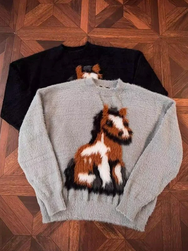 

Retro American Cartoon Knitted Sweater Loose Fit round Ne Pullover for Men And Women Autumn Winter Lazy Sle Polyest...