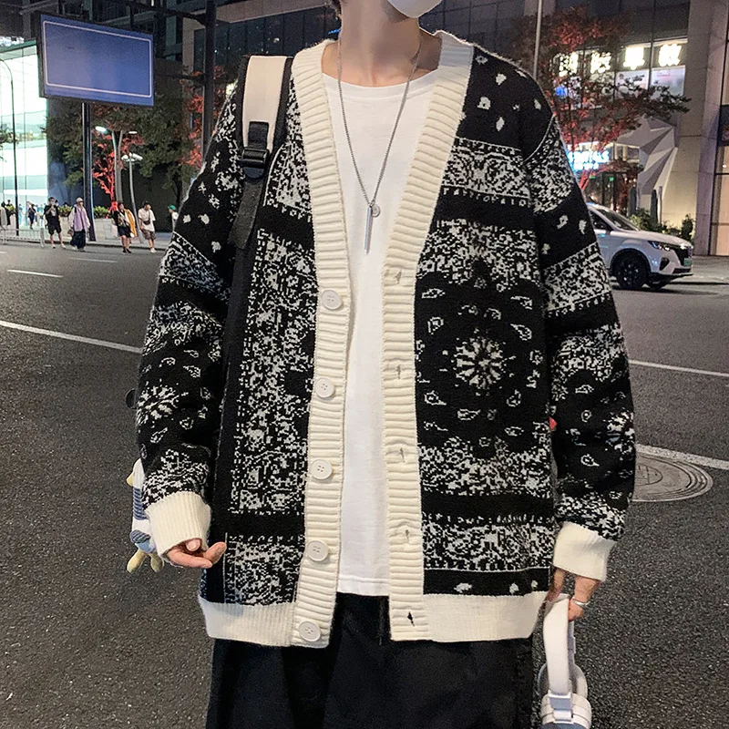 Fashion Japanese Style Cardigan Men Sweater 2021 Winter Classic Cashew Flowers Sweaters Harajuku Vintage Loose Knitted Outerwear