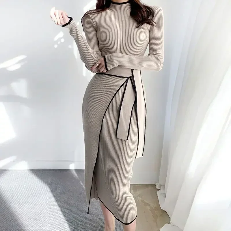 Midi Knee Length Female Knit Dress Cover Up Autumn and Winter Women\'s Crochet Dresses Bodycon Cheap Casual Elegant Chic Vintage