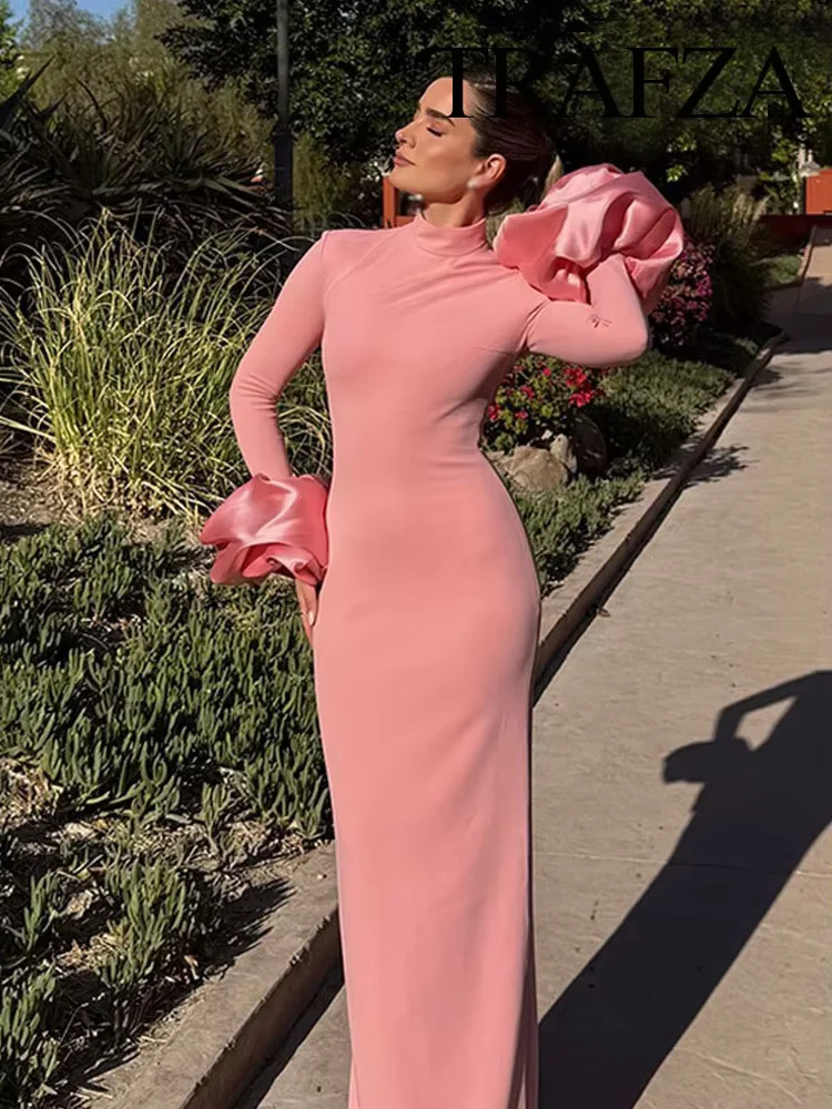 TRAFZA Women Summer Fashion Half-High Collar Long Sleeves Slit Decorate Dress Female Elegant High Street Zipper Slim Long Dress