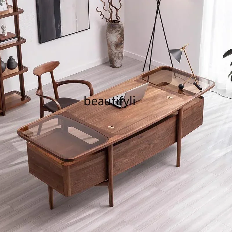 

x11New Chinese walnut solid wood desk adult home office boss table light luxury modern, small apartment