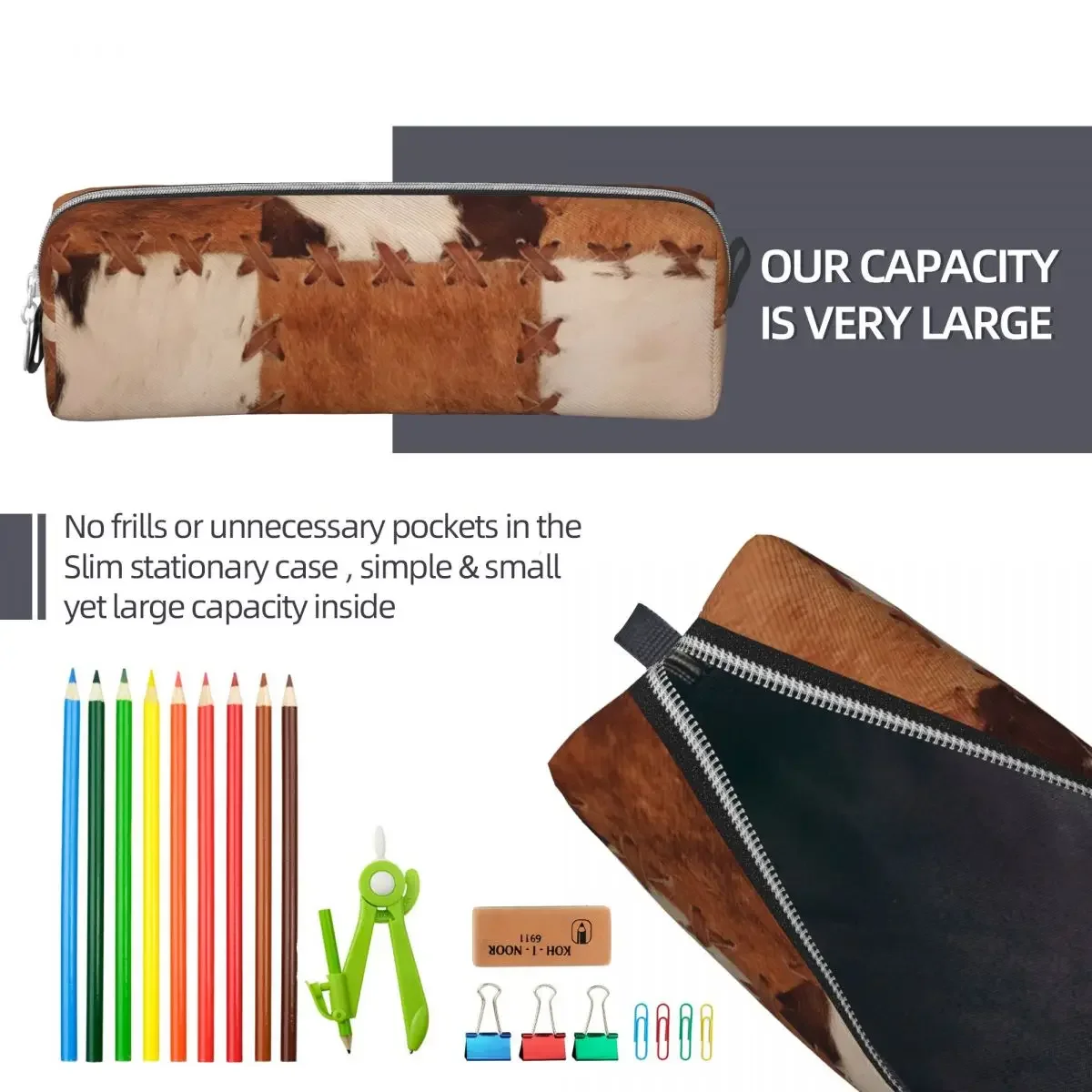 Patchwork Cowhide Rustic Western Decor Pencil Case Creative Pen Holder Bag Girls Boys Large Storage Office Cosmetic Pencilcases