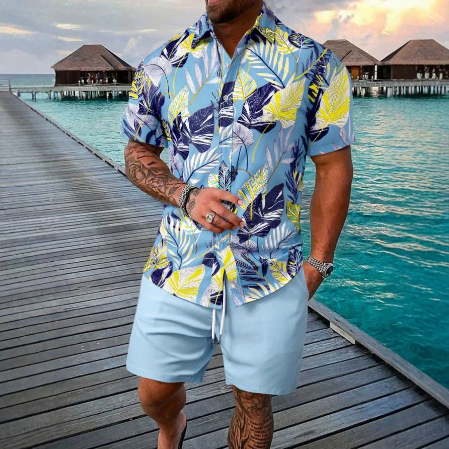 Fresh Summer Plant Printed Shirt Contrasting with Tropical Broad-leaved Youth Loose Quick Drying Short Sleeved Shirt
