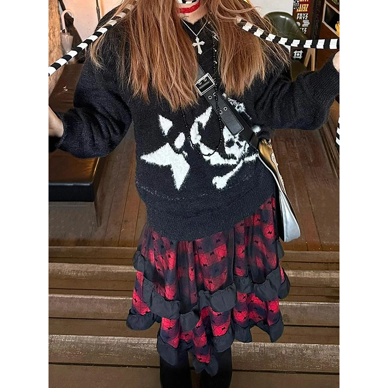 PBAP غير النظامية كشكش المرأة منقوشة تنورة خمر مرونة الخصر توافدوا القوس مكشكش الدانتيل غرزة تنورة طويلة الشرير Alt القوطية وتتسابق #1