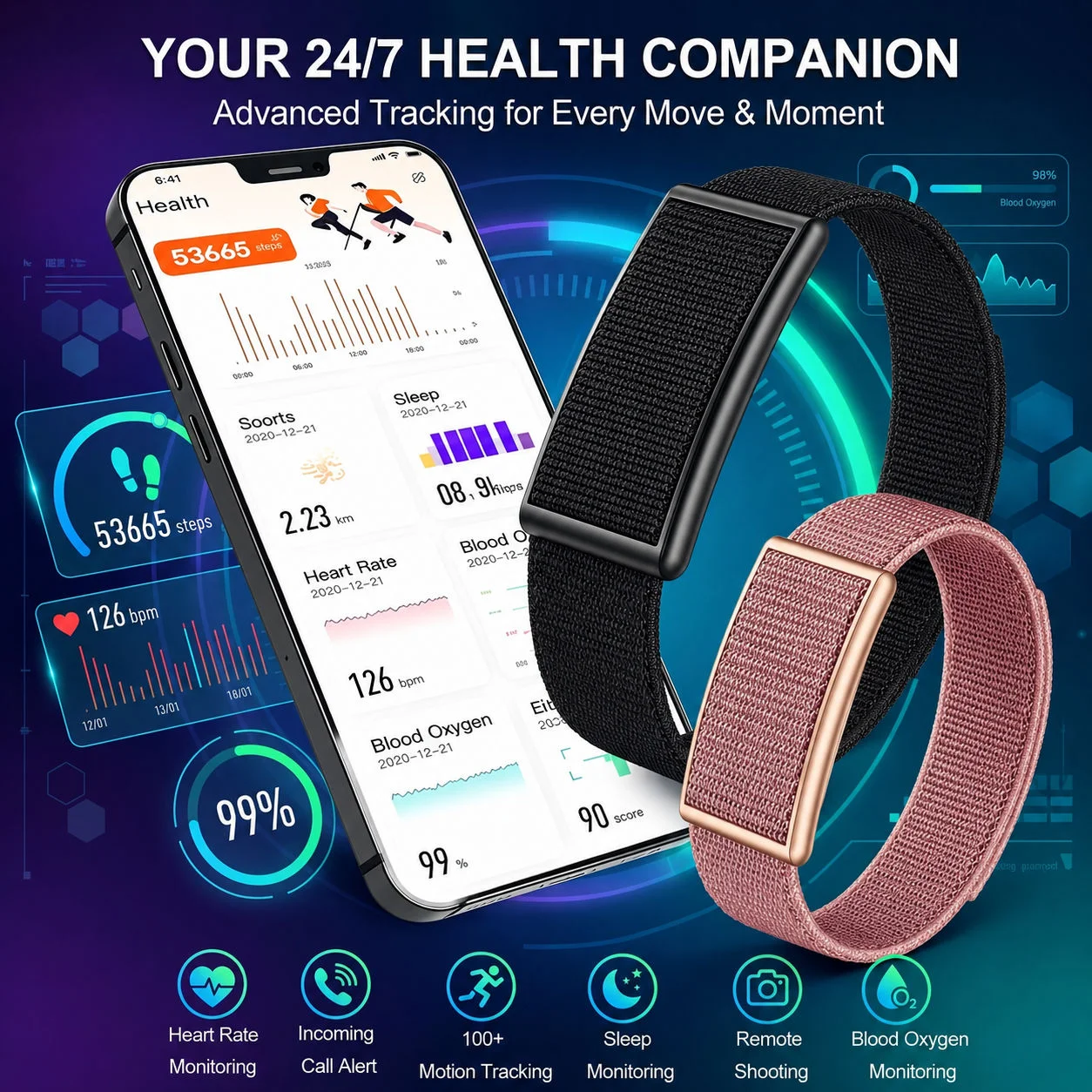 KESHUYOU No Screen Smart Band Ultra-Thin Light IP68 Waterproof Heart Rate Blood Oxygen Monitor Multi-Sport Long Battery