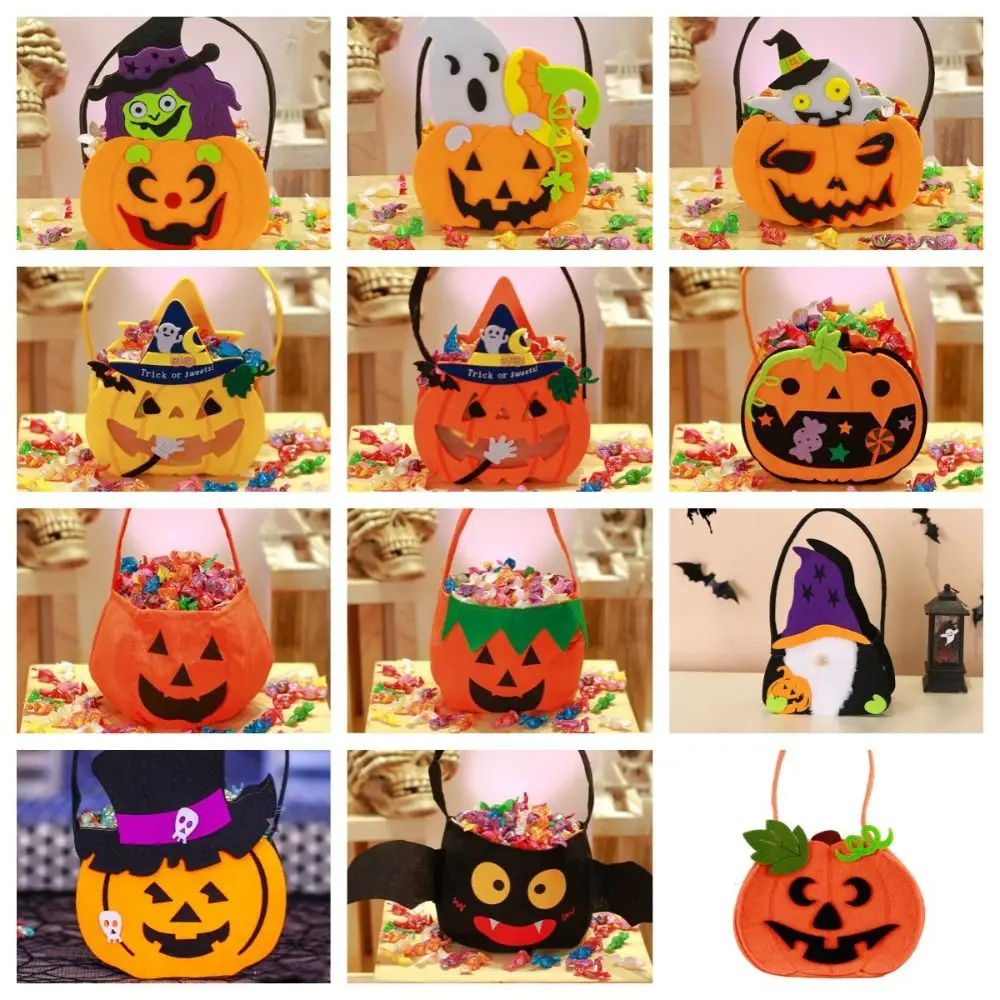 Bolsa portátil de fieltro de lana no tejida para Halloween, bolsa para regalos de truco o trato, bolso de cubo para dulces de calabaza, bolsas de mano para niños