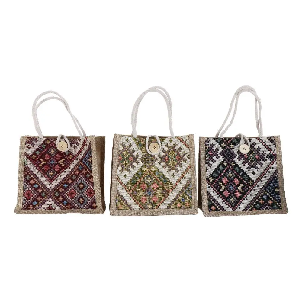 Portable Embroidery Ethnic Style Canvas Bag Print Portable Linen Handbag Storage Bag Mommy Bag Printing Cloth Lunch Bag Picnic