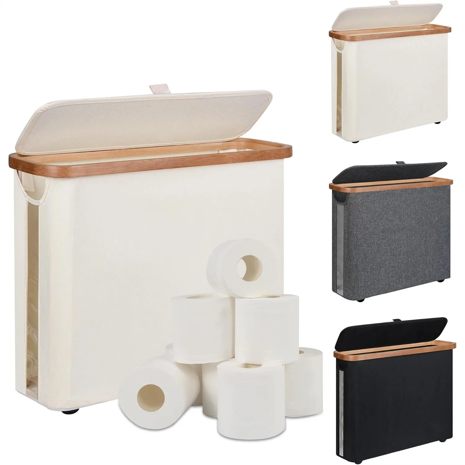 

Toilet Paper Storage Basket with Lid, Holds 9 Mega Rolls, Free Standing Bathroom Organizer with Handle, Beige