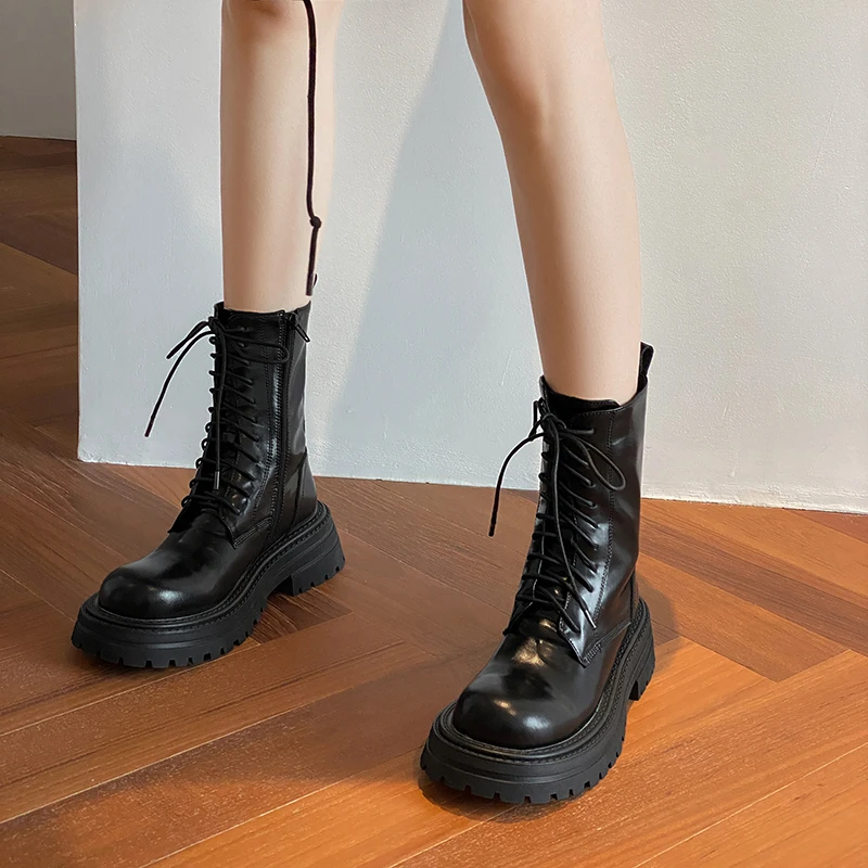 MoonMeek-zapatos de vestir de banda estrecha para mujer, Botines de cuero genuino, botas de plataforma de invierno, tacones medios, gruesos, 2023