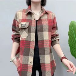 Fashion Lapel Button Printed Pockets Plaid Shirts Women's Clothing 2024 Autumn Winter New Loose Commuter Tops Casual Blouses