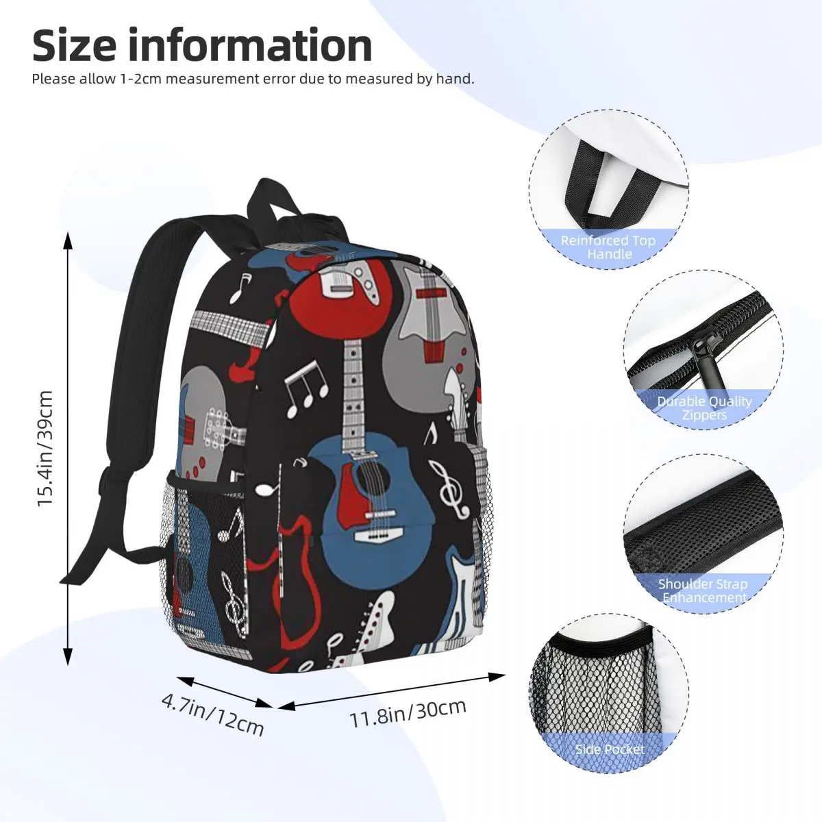 Colorful Acoustic And Electric Guitars Backpack Daypack Large Capacity Boys Girls BookBag Shoulder Bags for Children School Bag