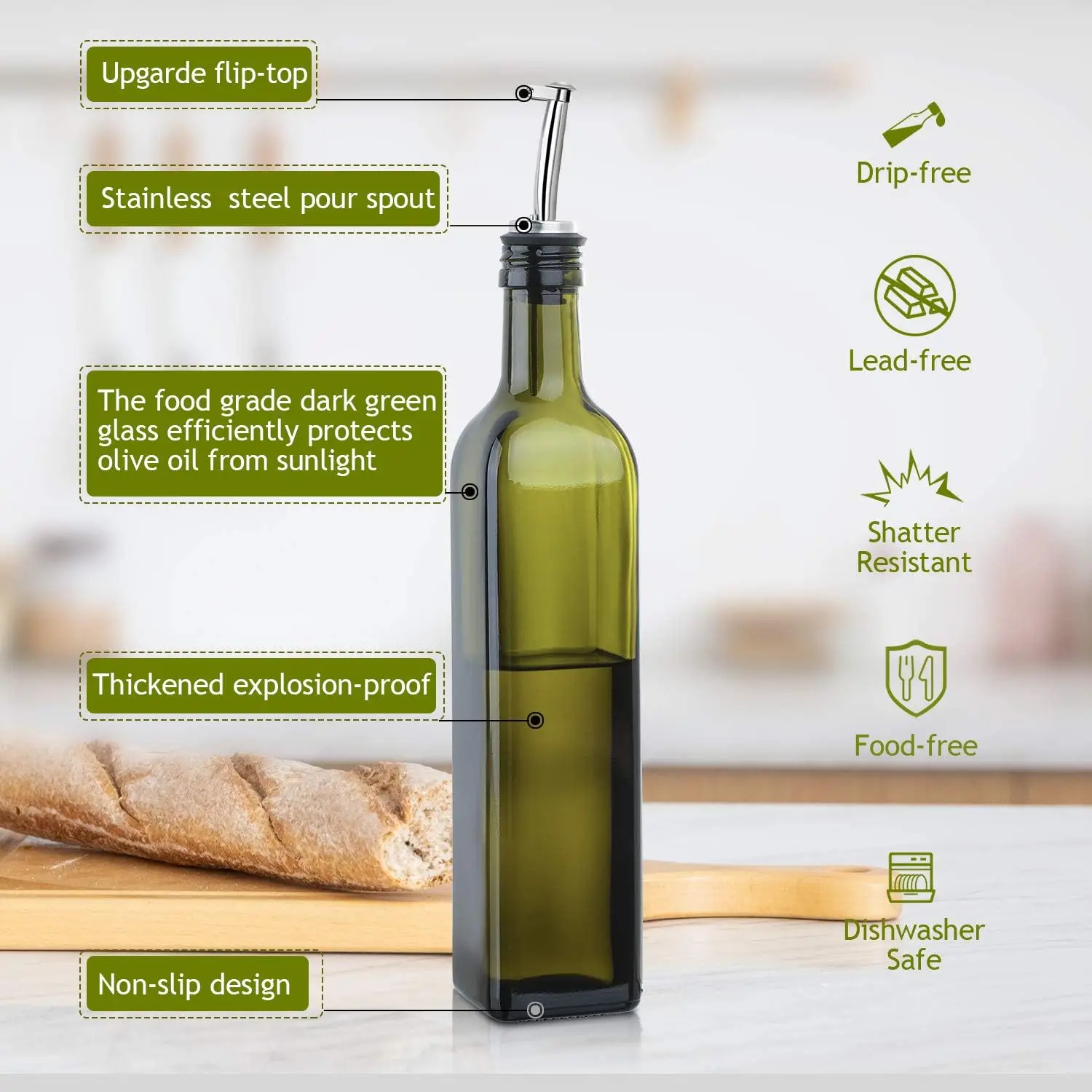 17oz Glass Olive Oil Bottle Dispenser - 500ml Green Oil and Vinegar Cruet with Pourers and Funnel - Olive Oil Carafe Decanter