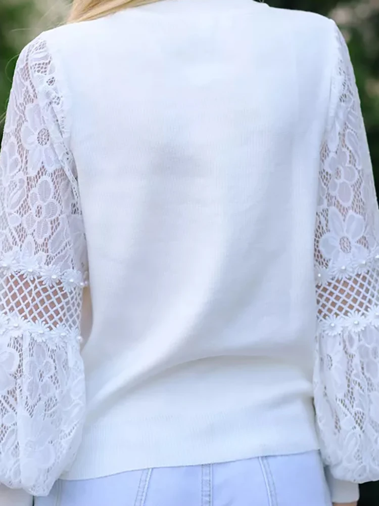 

Casual Streetwear Solid Color Office T-shirt 2025 Lace Long Sleeved Patchwork Knitted Top Autumn Women's O-neck Loose Pullover