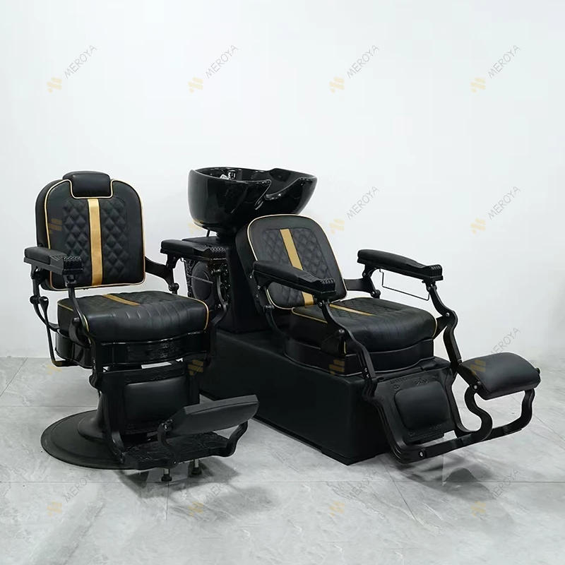 Modern Black Leather Barbershop Furniture Reclining Washing Chair Luxury Salon Equipment Head Spa Shampoo Chair