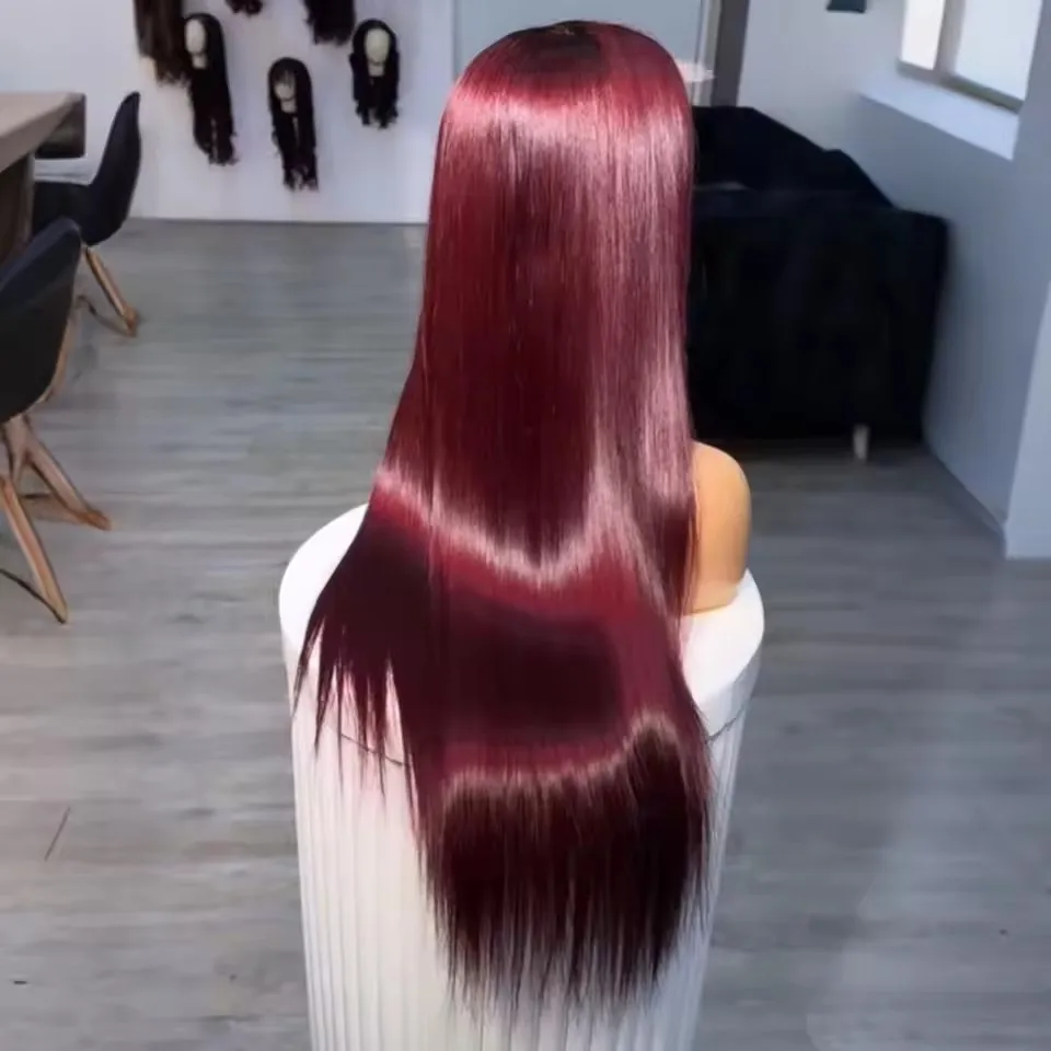 13X4 Burgundy Wine Red Straight Synthetic Hair Lace Front Wigs Glueless Lace Wigs with Baby Hair Pre Plucked Fiber Hair Cosplay