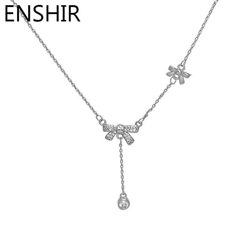 ENSHIR Zircon Bowknot Tassel Necklace For Women Light Luxry Design Wwdding Gift Jewelry Accessories