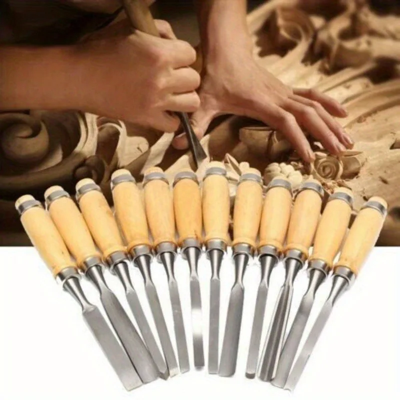 12-piece professional wood carving chisel set with comfortable grip, sharp carbon steel tools for detail work and craftsmen