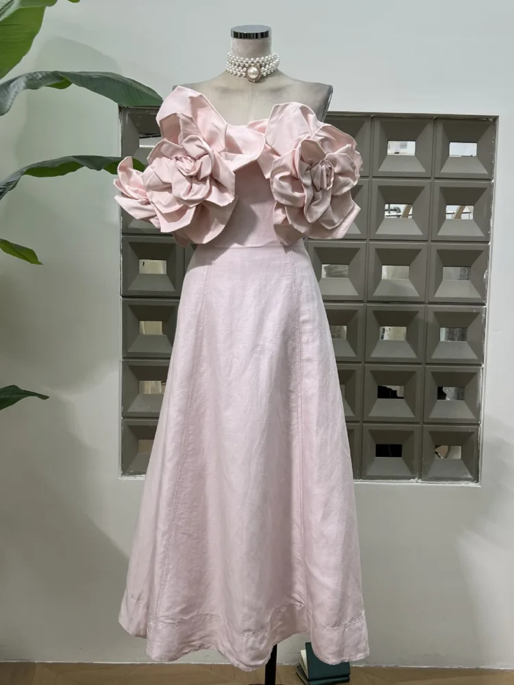 DFDG 2025 فستان سهرة نسائي أنيق مصنوع يدويًا ثلاثي الأبعاد مزين بالزهور بدون حمالات من التل للحفلات الراقصة للربيع والصيف #3